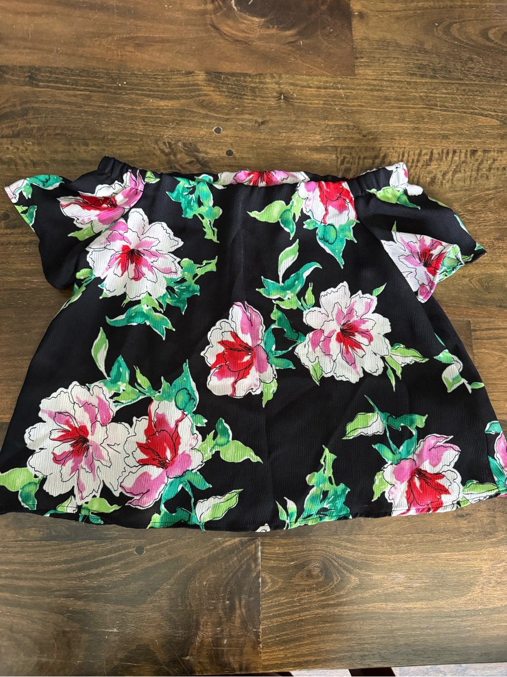 Girls Aqua Black Off-Shoulder Top with Pink & Green Floral Print